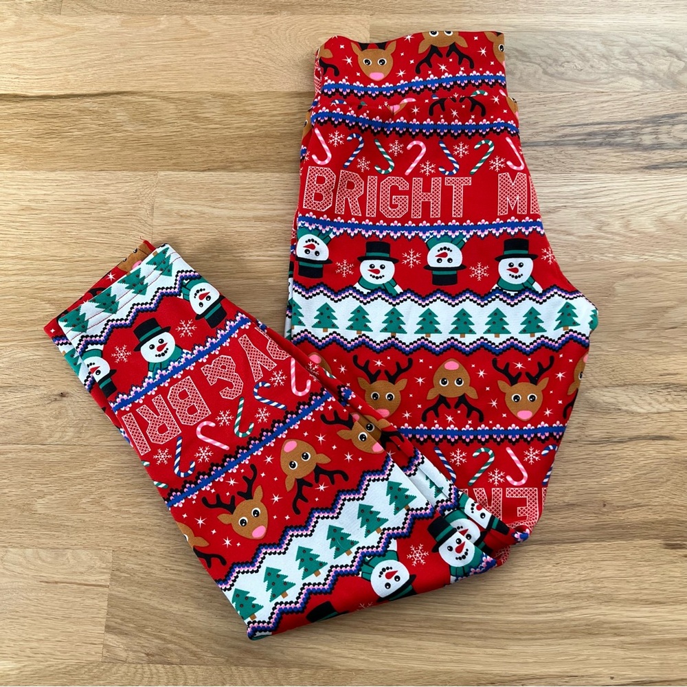 No Boundaries Girls AOP Red Christmas Snowman Reindeer Leggings XL 15-17